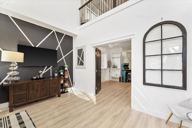 entrance foyer featuring light wood-type flooring and a high ceiling