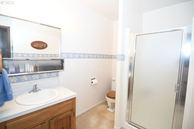 bathroom with vanity, an enclosed shower, and toilet