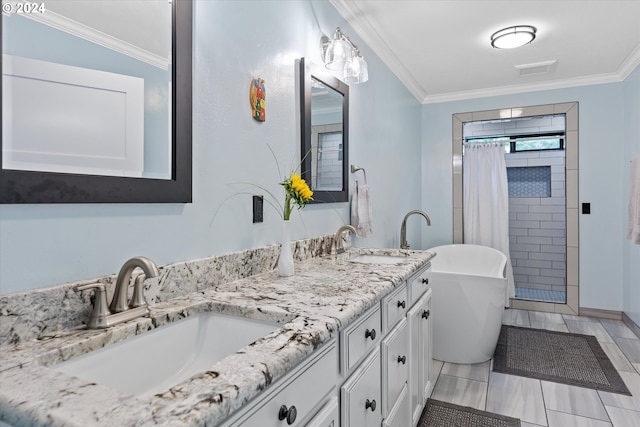 bathroom featuring crown molding, tile patterned flooring, vanity, and independent shower and bath