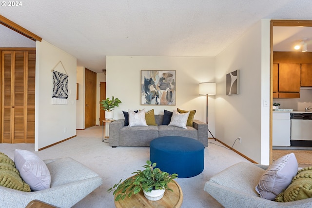 carpeted living room featuring a textured ceiling