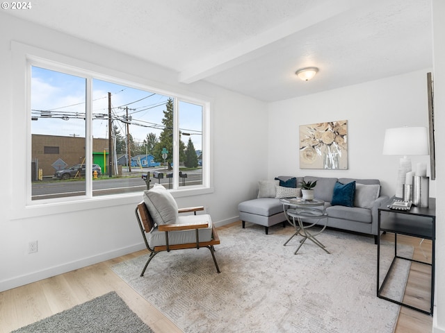 living room featuring beam ceiling, light hardwood / wood-style flooring, and a wealth of natural light