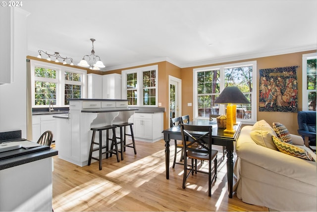 interior space featuring a notable chandelier, ornamental molding, light wood finished floors, and plenty of natural light