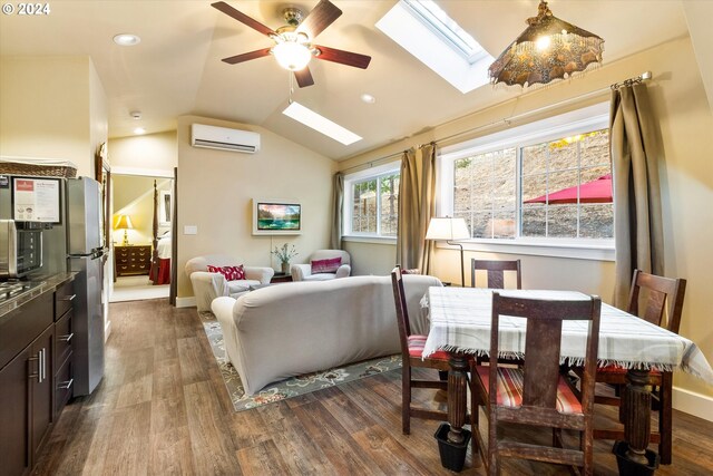 interior space with lofted ceiling, dark wood-type flooring, a wall mounted AC, and ceiling fan