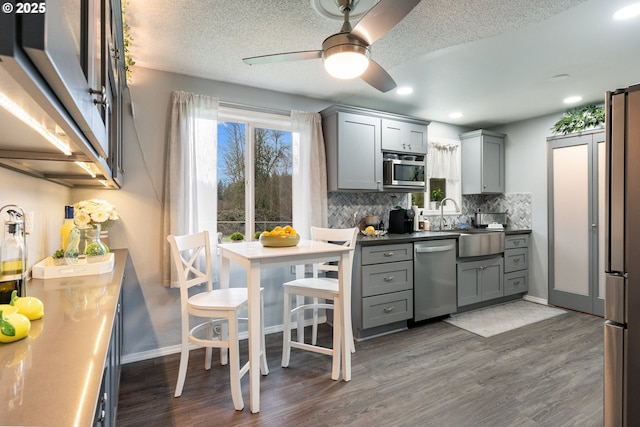 kitchen with gray cabinets, appliances with stainless steel finishes, tasteful backsplash, dark hardwood / wood-style flooring, and ceiling fan