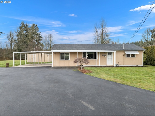 single story home featuring a carport and a front yard