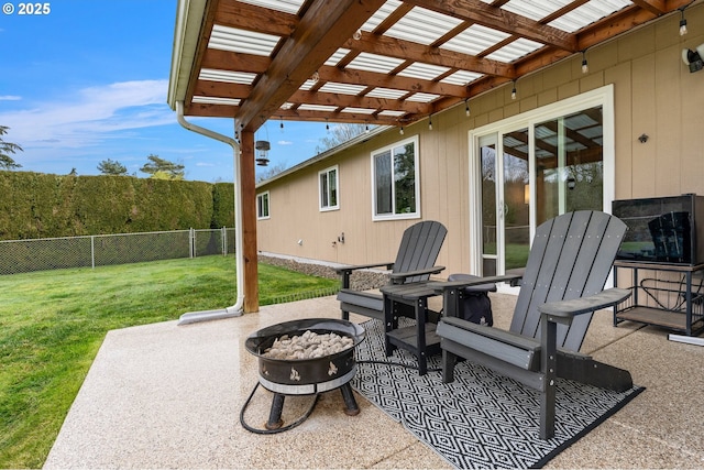 view of patio with an outdoor fire pit and a pergola