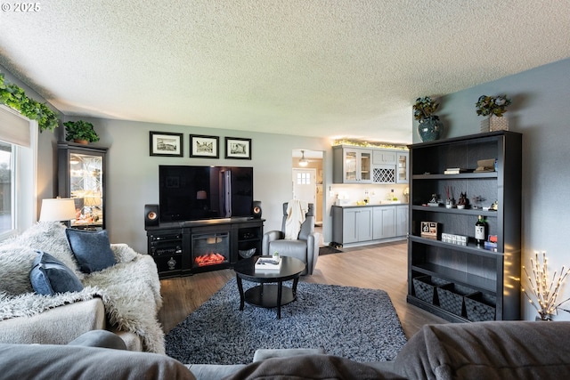 living room with hardwood / wood-style flooring and a textured ceiling