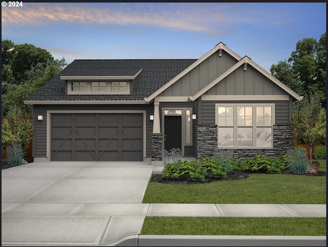 view of front of home with stone siding, board and batten siding, driveway, and a garage