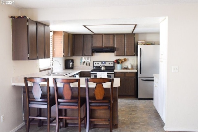 kitchen featuring sink, dark brown cabinets, stainless steel appliances, and kitchen peninsula