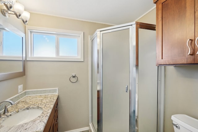 bathroom with vanity, toilet, and a shower with shower door