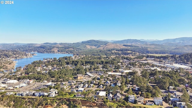 drone / aerial view with a water and mountain view