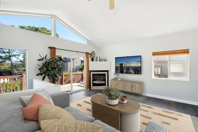 living room with ceiling fan, dark wood-type flooring, and lofted ceiling