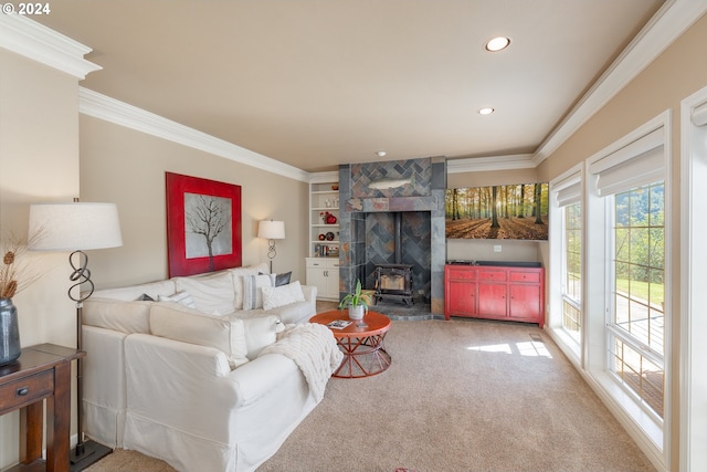 317 Aker Dr, Myrtle Creek, OR 97457 - living room with a wood stove, ornamental molding, light carpet, and recessed lighting