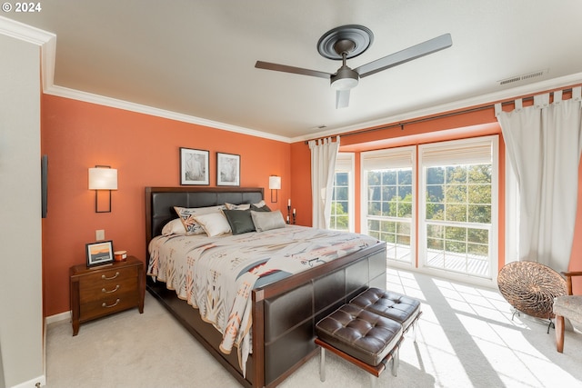 317 Aker Dr, Myrtle Creek, OR 97457 - bedroom featuring light colored carpet, crown molding, baseboards, a ceiling fan, and access to outside