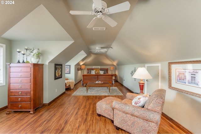 317 Aker Dr, Myrtle Creek, OR 97457 - bedroom with wood finished floors, lofted ceiling, ceiling fan, and baseboards