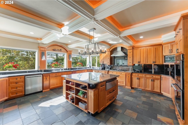 317 Aker Dr, Myrtle Creek, OR 97457 - kitchen with appliances with stainless steel finishes, a warming drawer, a chandelier, tasteful backsplash, and a kitchen island
