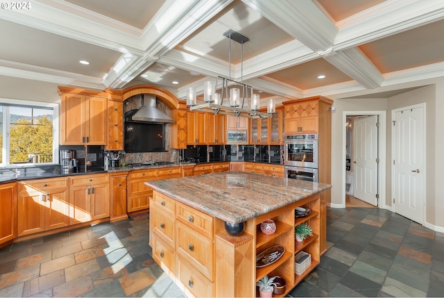 317 Aker Dr, Myrtle Creek, OR 97457 - kitchen featuring crown molding, coffered ceiling, a chandelier, backsplash, and appliances with stainless steel finishes