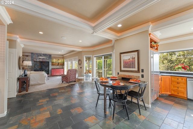 317 Aker Dr, Myrtle Creek, OR 97457 - dining room with crown molding, stone tile flooring, recessed lighting, and baseboards