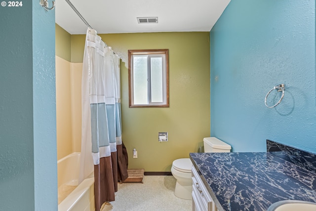 full bathroom with vanity, toilet, and shower / bath combo with shower curtain