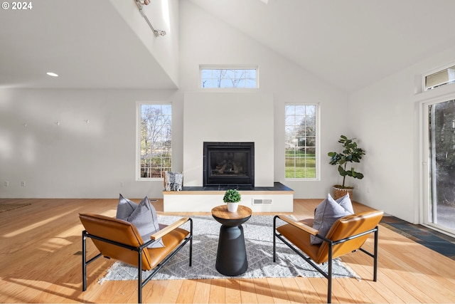 living room with light hardwood / wood-style floors and high vaulted ceiling