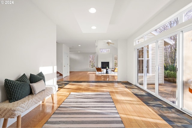 interior space featuring hardwood / wood-style flooring and ceiling fan