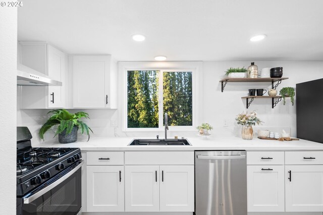 kitchen with white cabinetry, dishwasher, black gas stove, and sink