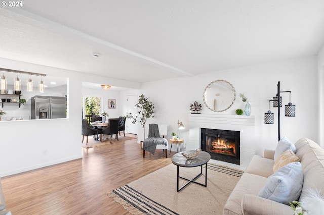 living room with hardwood / wood-style flooring and a fireplace