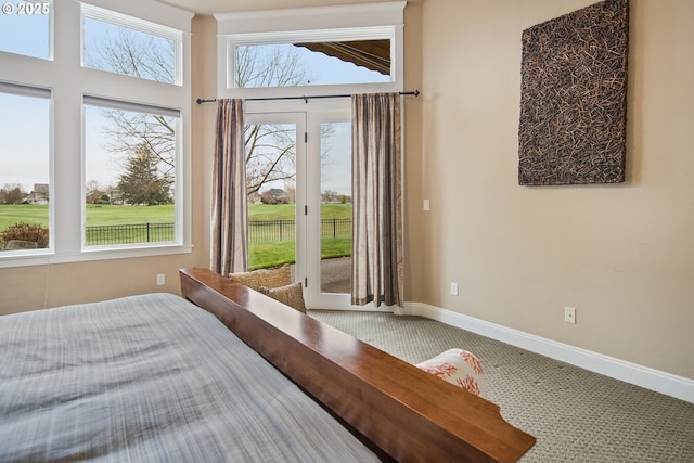 bedroom featuring baseboards, carpet floors, multiple windows, and access to exterior