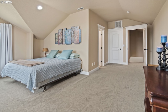 bedroom with lofted ceiling, baseboards, visible vents, and light colored carpet