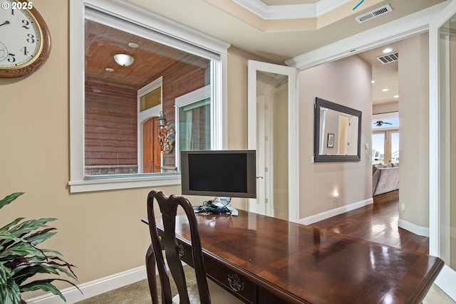 office area with ornamental molding, recessed lighting, visible vents, and baseboards