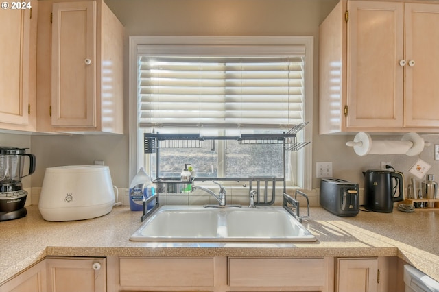 kitchen with light brown cabinets, sink, and dishwasher