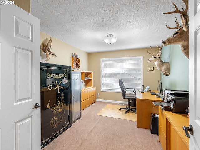 office space featuring light colored carpet and a textured ceiling