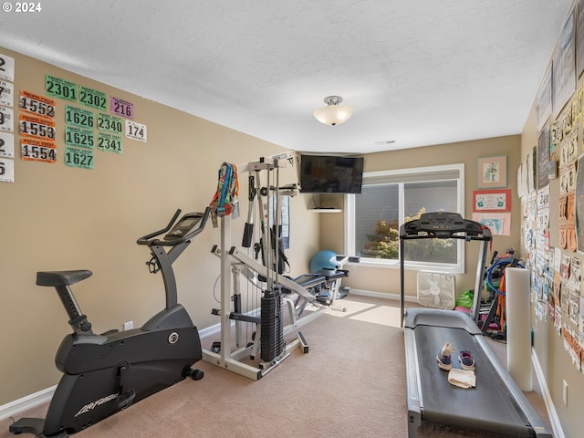 workout area featuring carpet flooring and a textured ceiling