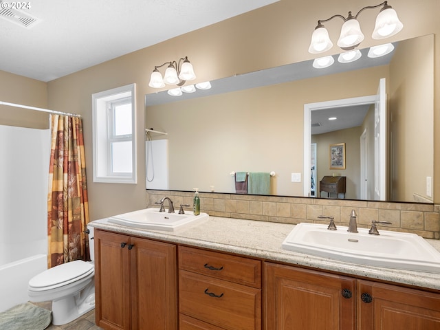 full bathroom with shower / bath combo with shower curtain, backsplash, toilet, and vanity