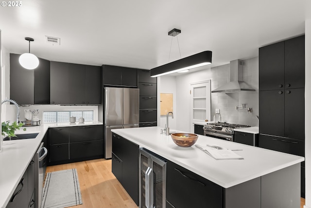 kitchen with wall chimney exhaust hood, pendant lighting, stainless steel appliances, a kitchen island with sink, and sink