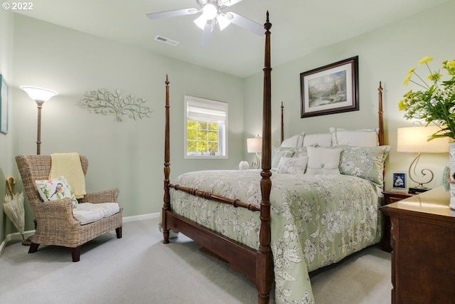 bedroom with light colored carpet and ceiling fan