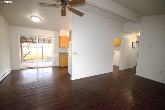 unfurnished living room featuring vaulted ceiling with beams, dark hardwood / wood-style floors, ceiling fan, and a baseboard radiator