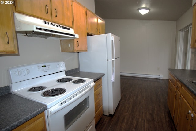 kitchen with white electric range oven, a baseboard heating unit, dark wood-type flooring, and vaulted ceiling