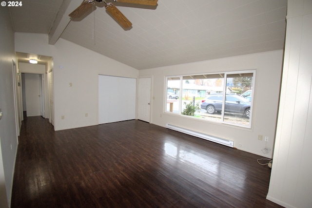 unfurnished living room featuring baseboard heating, lofted ceiling with beams, ceiling fan, and dark wood-type flooring