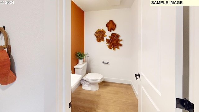 bathroom with wood-type flooring and toilet