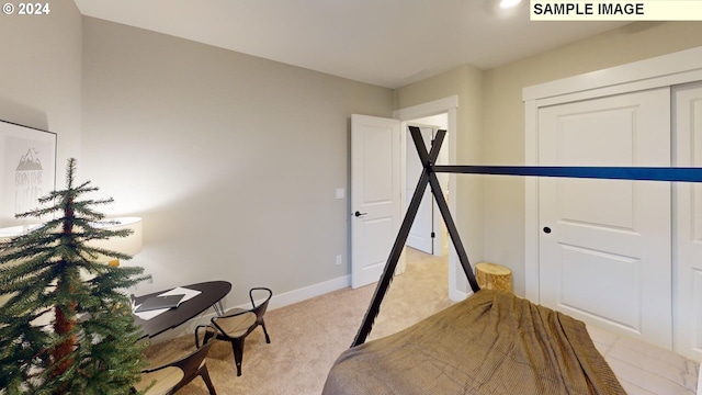 carpeted bedroom with a closet