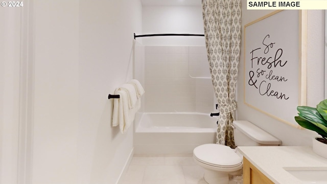 full bathroom featuring tile patterned flooring, shower / bath combo, toilet, and vanity