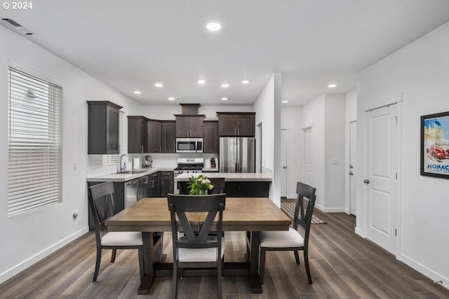 dining space featuring sink and dark wood-type flooring