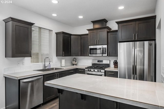 kitchen featuring wood-type flooring, appliances with stainless steel finishes, dark brown cabinetry, and sink