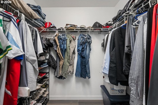 walk in closet with hardwood / wood-style floors