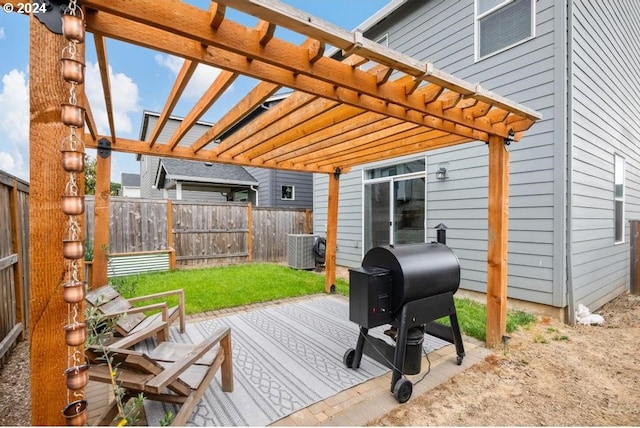 wooden terrace featuring a pergola, a grill, and central AC