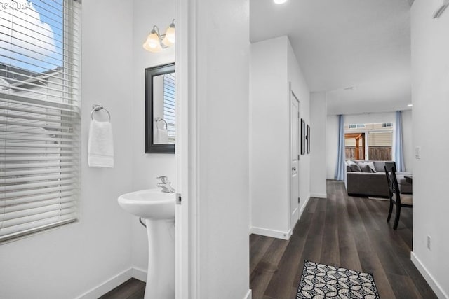 bathroom with hardwood / wood-style flooring