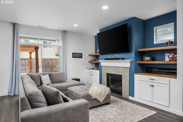 living room with a fireplace and dark hardwood / wood-style floors