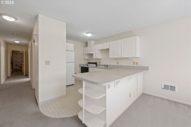 kitchen featuring white appliances, white cabinets, sink, light colored carpet, and kitchen peninsula