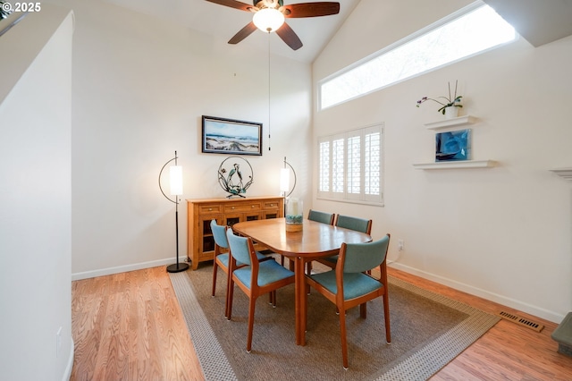 dining space with ceiling fan, high vaulted ceiling, visible vents, and wood finished floors